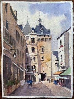 Acuarela Impresionista Británica de Encanto Arquitectónico en la Plaza de Loches