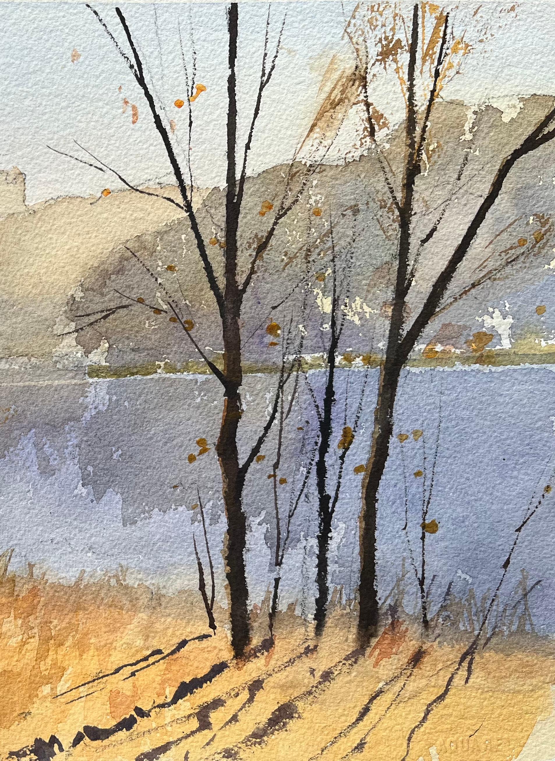 Acquerello impressionista britannico di un paesaggio autunnale con silhouette di un castello - Painting Impressionismo di Anthony Avery