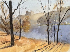 Aquarelle impressionniste britannique d'un paysage d'automne avec une silhouette de château