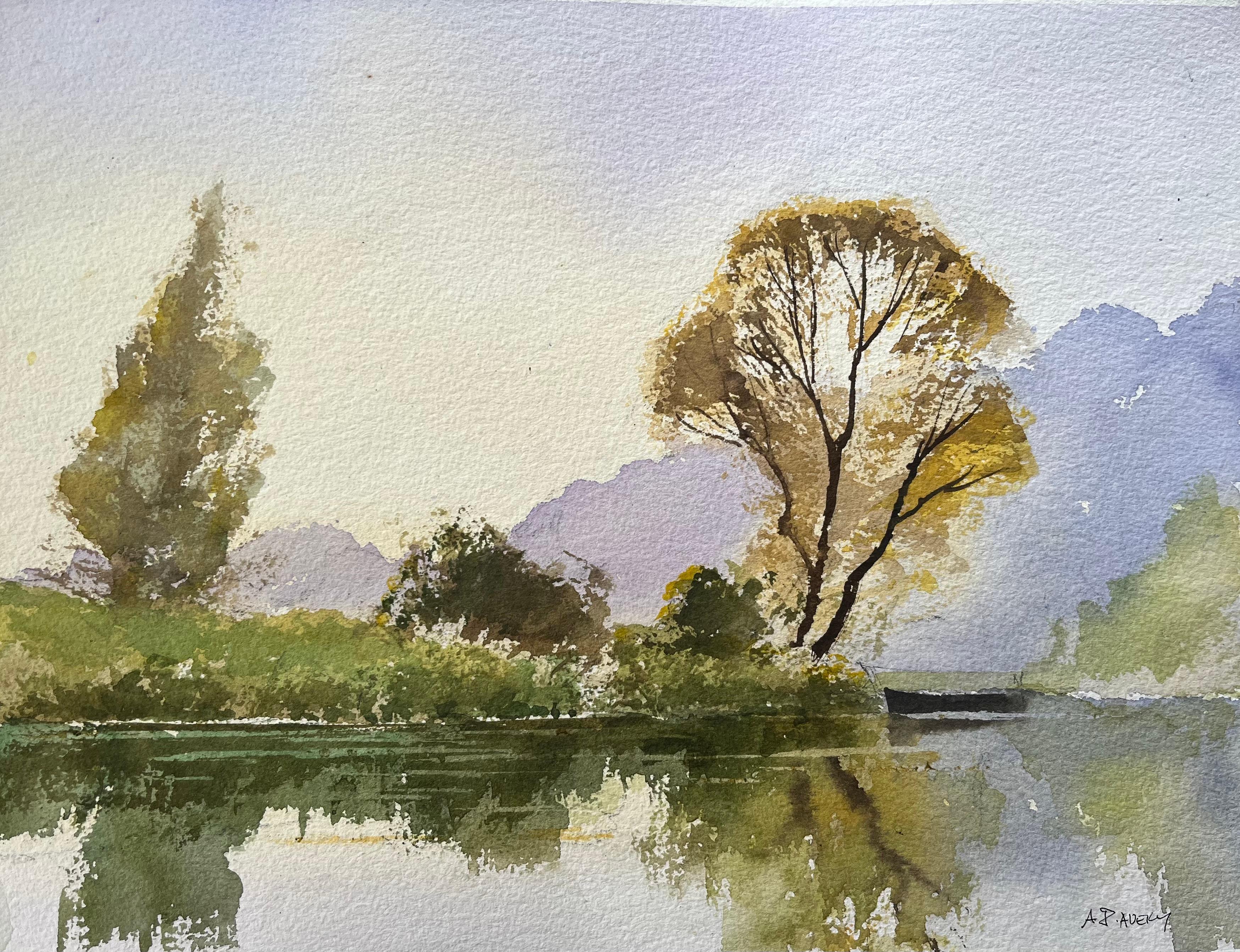 Landscape Painting de Anthony Avery - Acuarela impresionista británica de reflejos otoñales junto al río