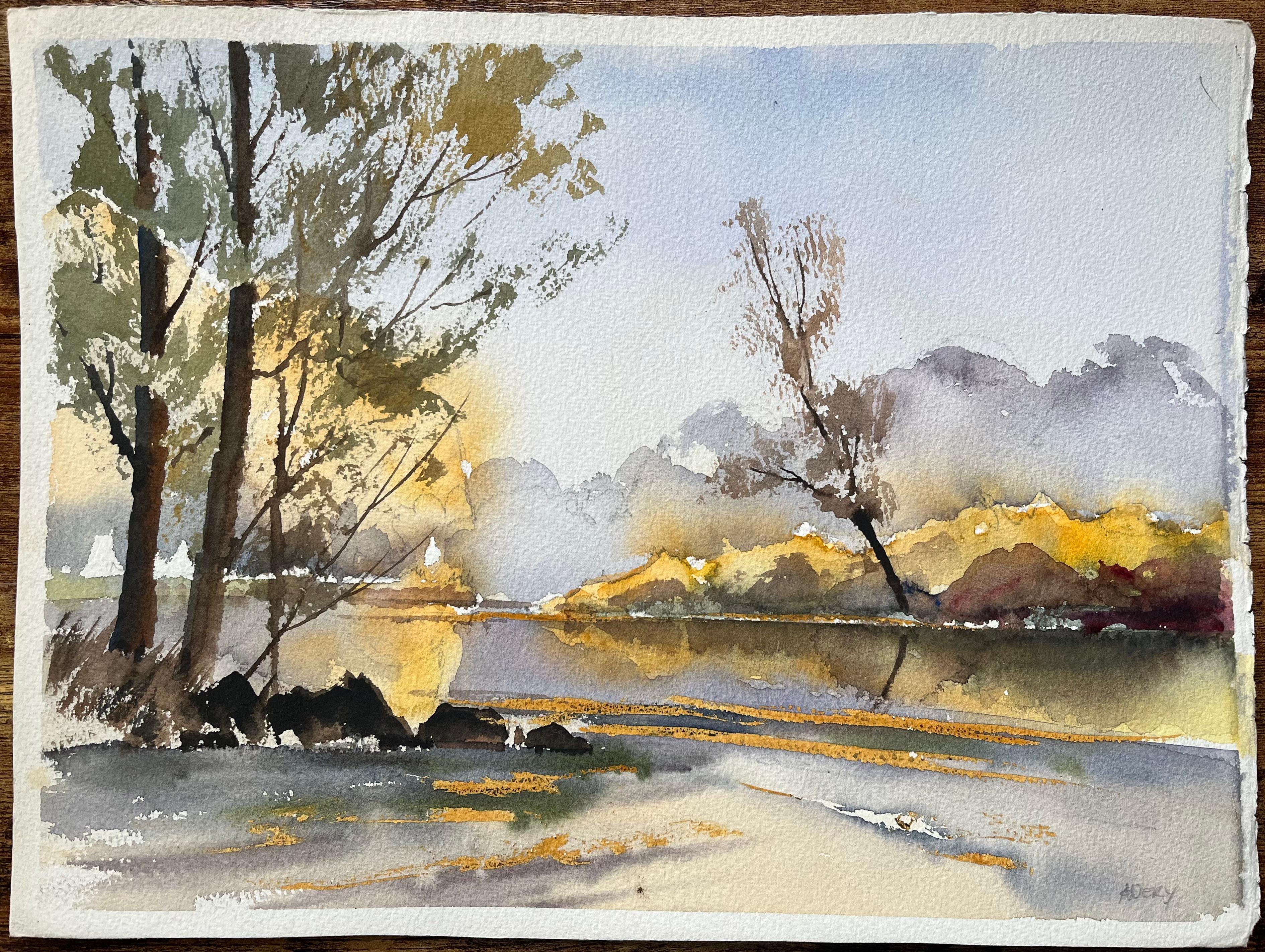 British Impressionist Watercolor of Autumn Reflections on a Serene Riverbank - Painting by Anthony Avery