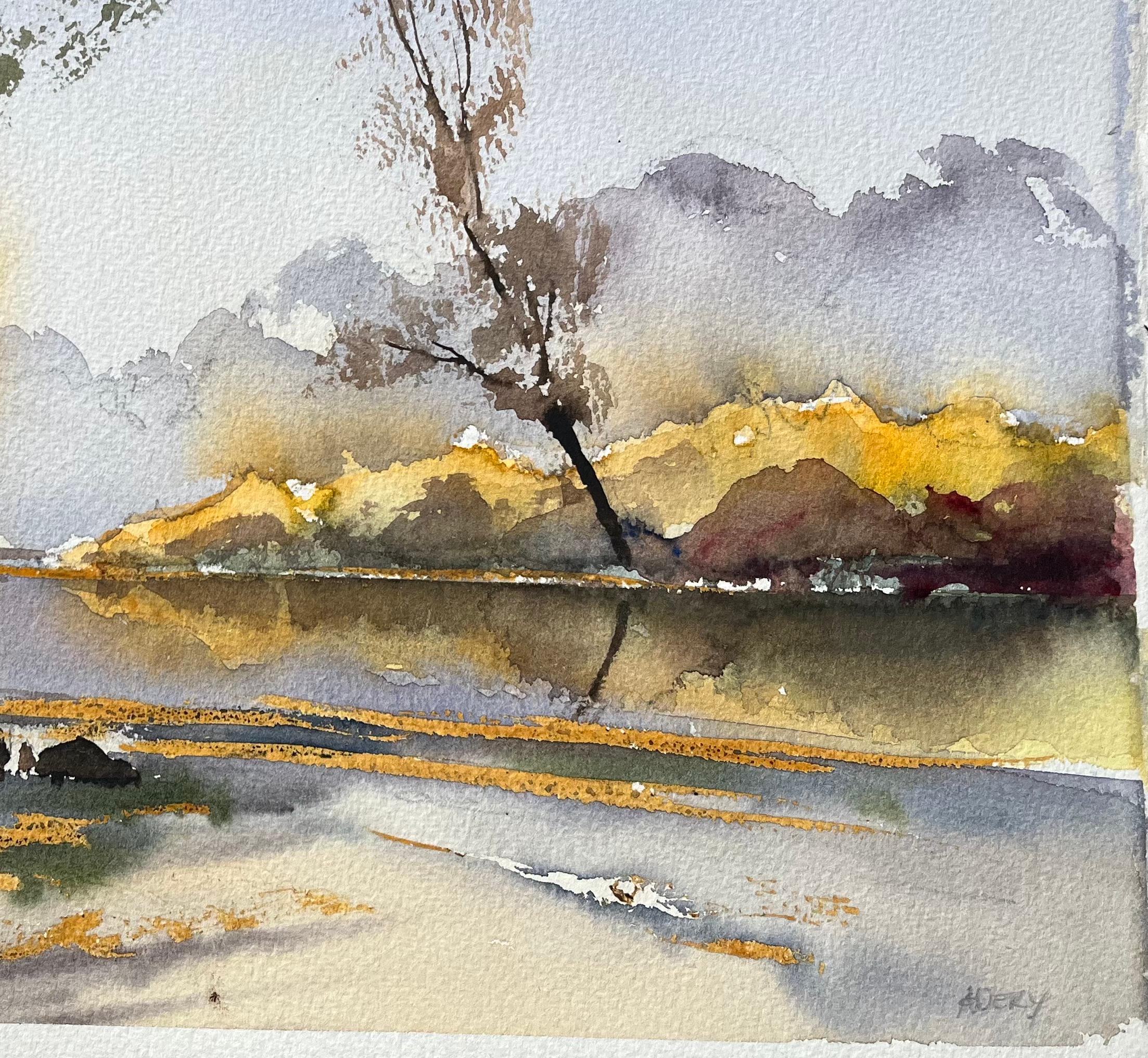 British Impressionist Watercolor of Autumn Reflections on a Serene Riverbank - Gray Landscape Painting by Anthony Avery