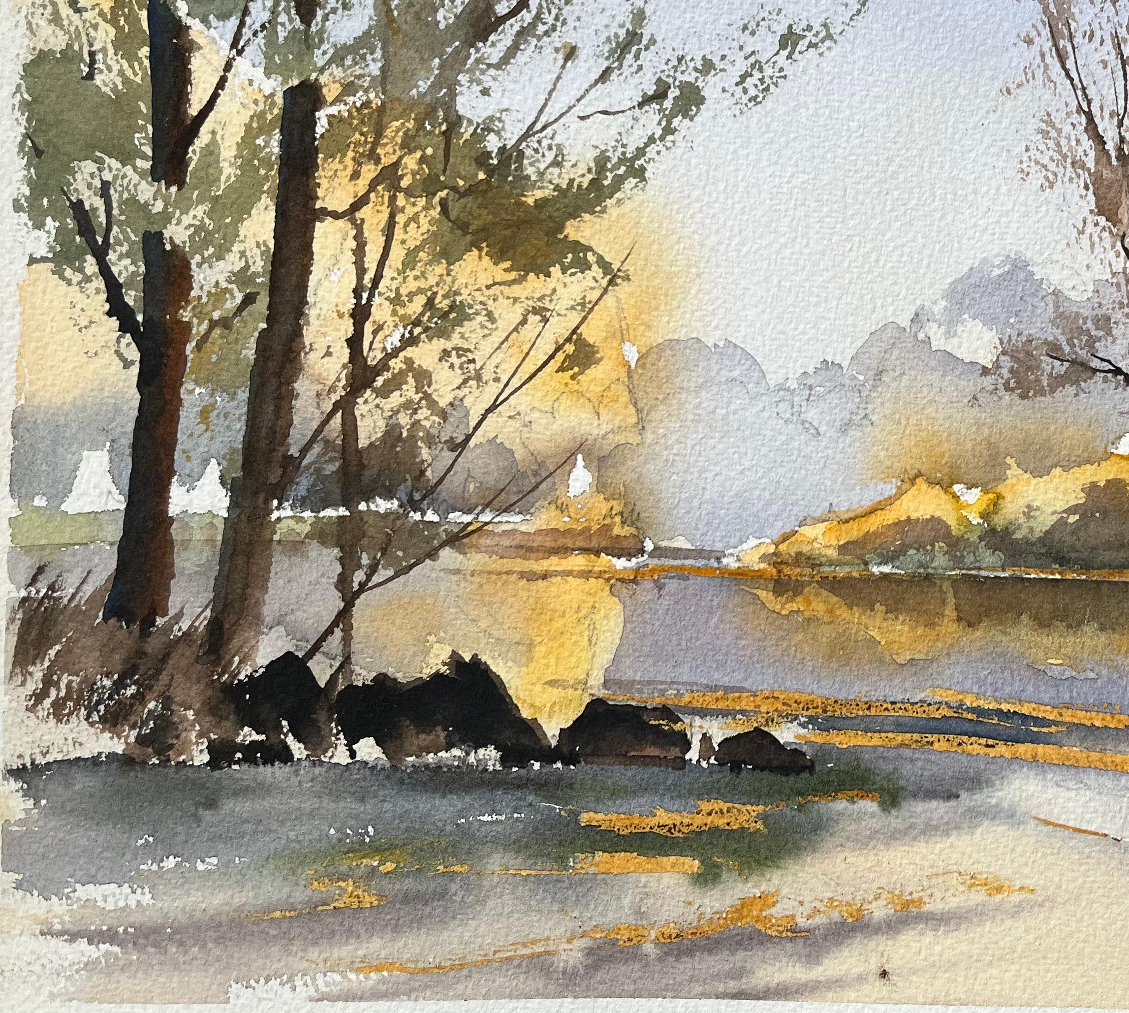 British Impressionist Watercolor of Autumn Reflections on a Serene Riverbank For Sale 1