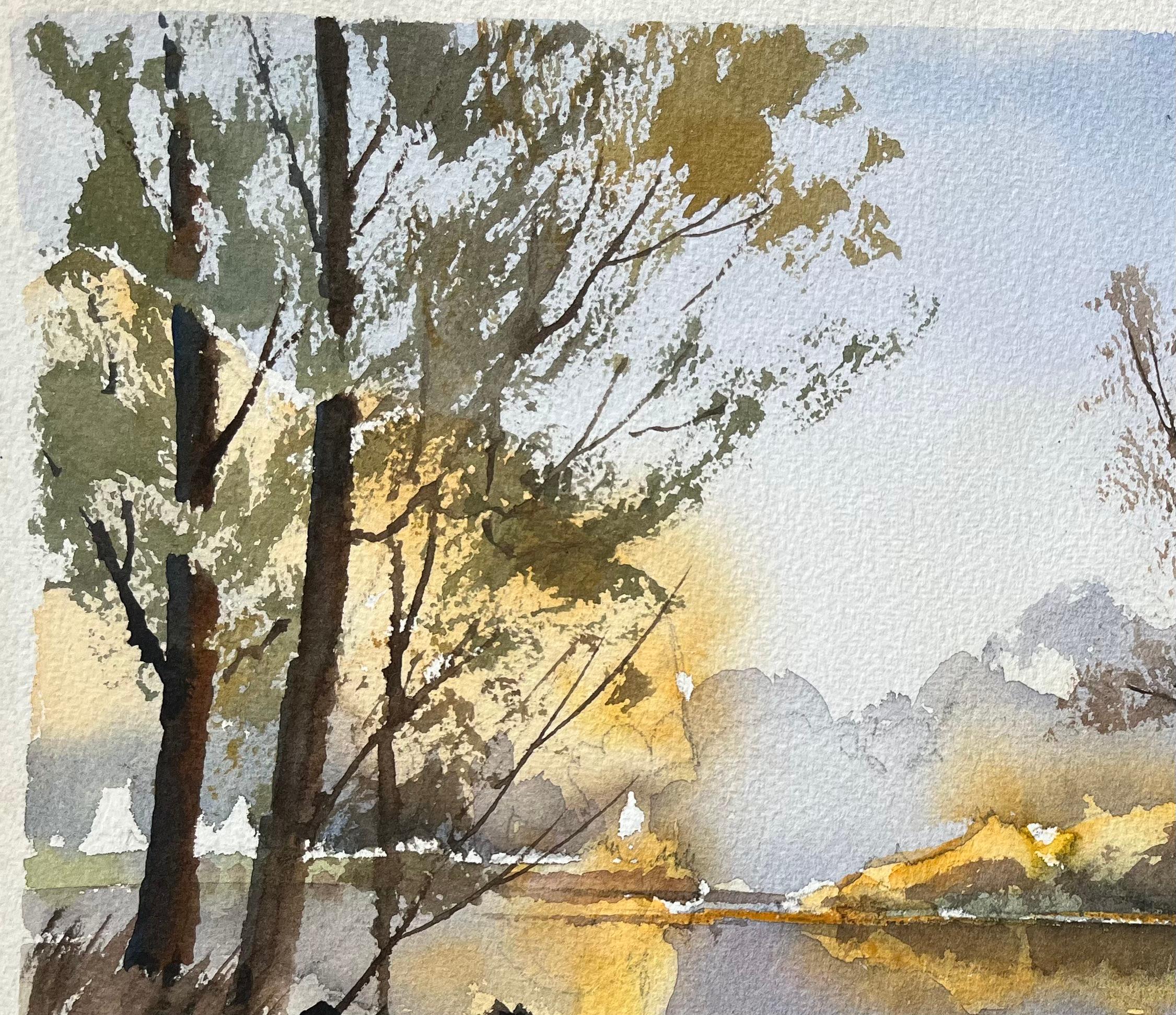British Impressionist Watercolor of Autumn Reflections on a Serene Riverbank For Sale 2