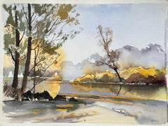 Britischer Impressionist Aquarell von Herbst Reflexionen auf einem ruhigen Flussufer