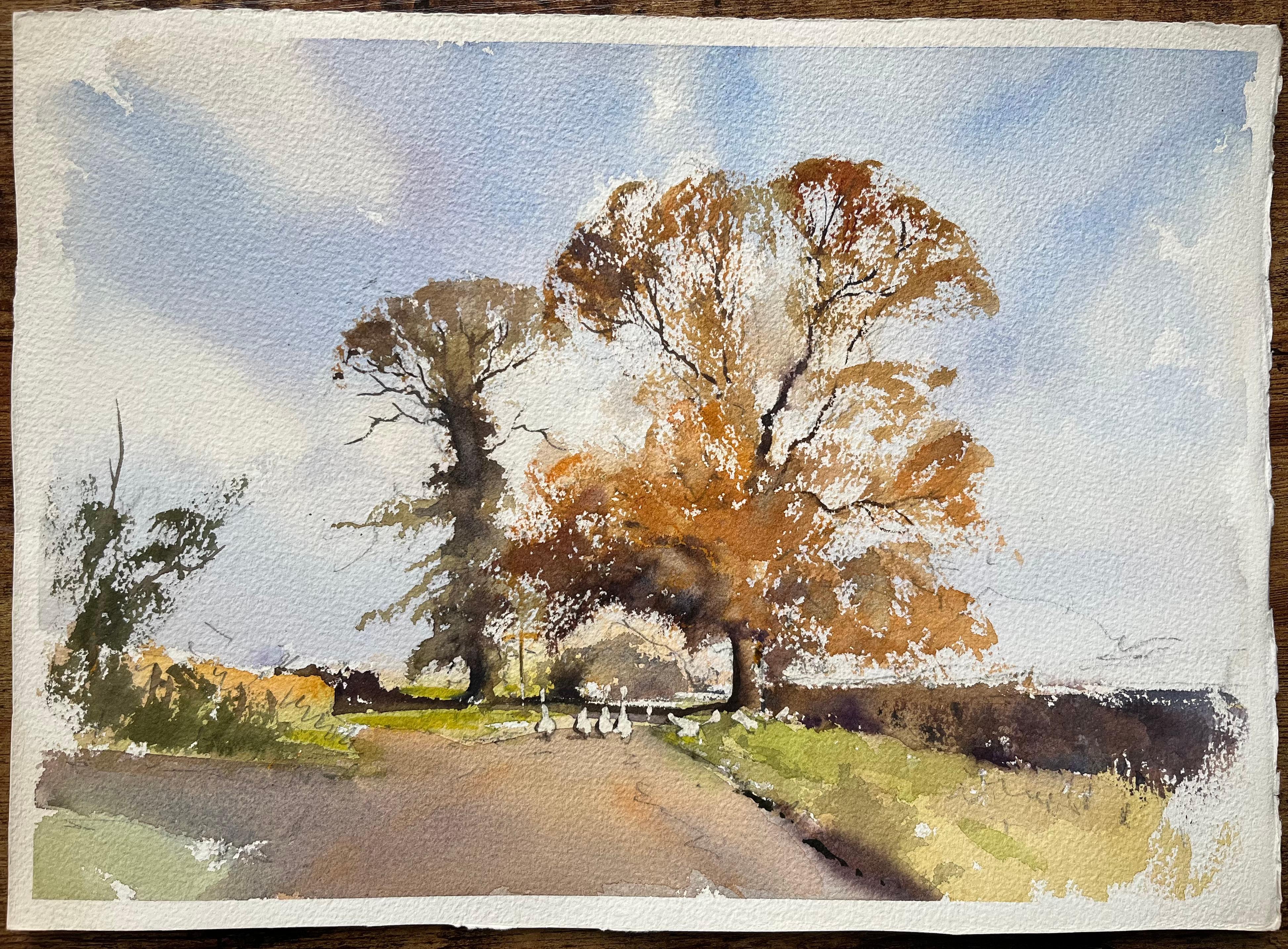 British Impressionist Watercolor of Autumn Trees and Farm Lane with Geese - Painting by Anthony Avery