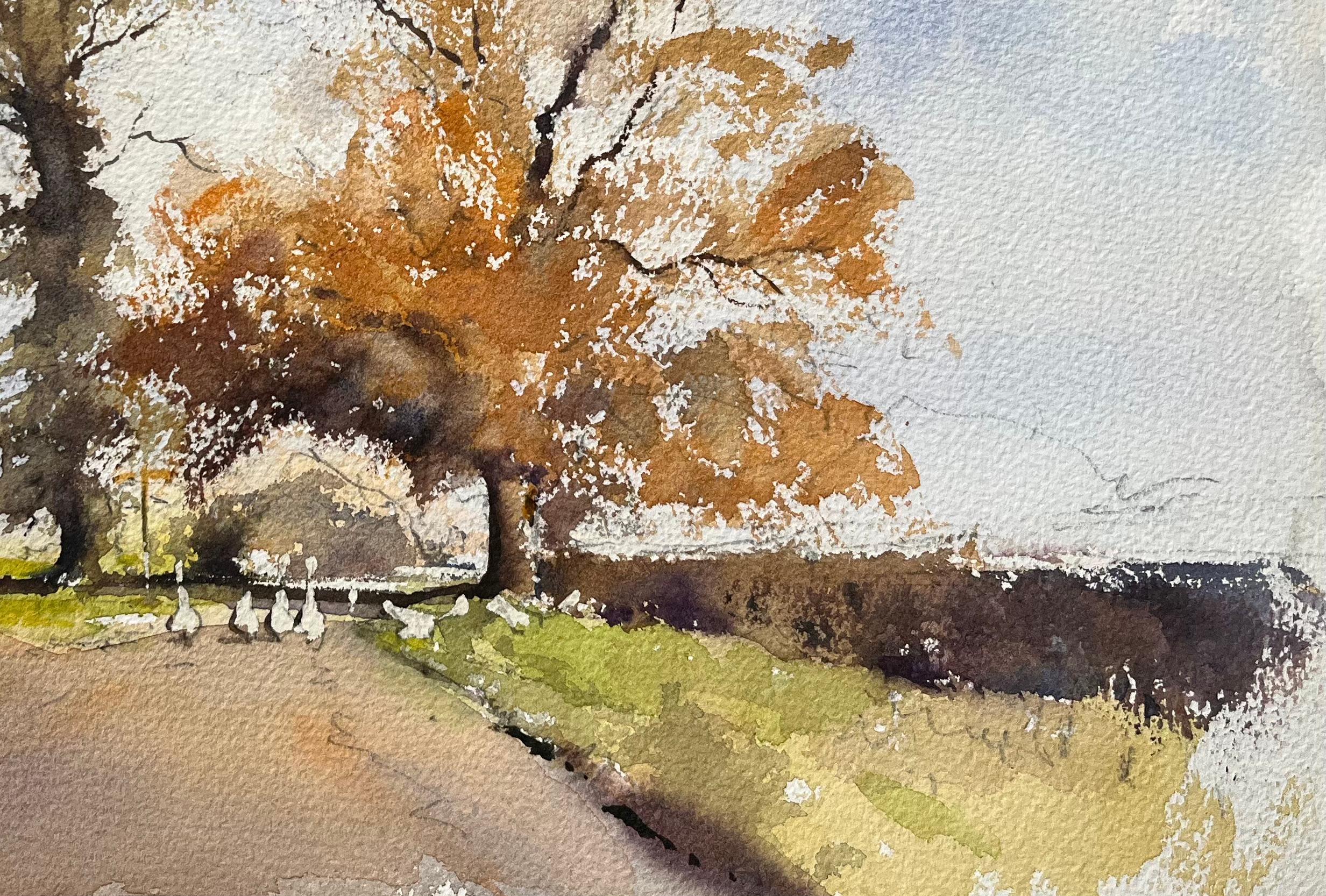 British Impressionist Watercolor of Autumn Trees and Farm Lane with Geese - Beige Landscape Painting by Anthony Avery