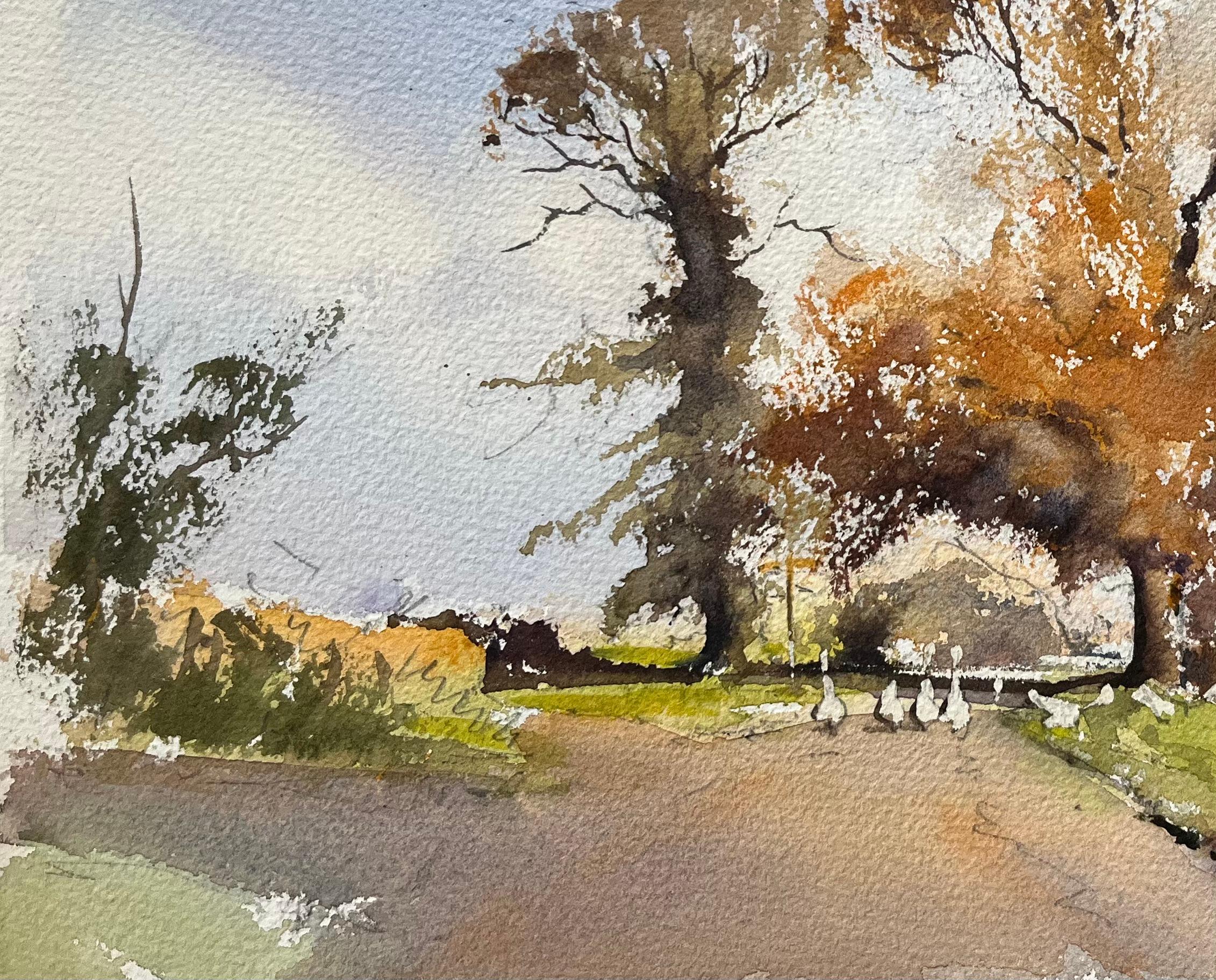 Title: British Impressionist Watercolor of Autumn Trees and Farm Lane with Geese
By Anthony Avery (British 1946-2023)
Original watercolor on artists paper, unframed
Dimensions: 11 x 15.5 inches (Height x Width)
Condition: Good, with some minor signs