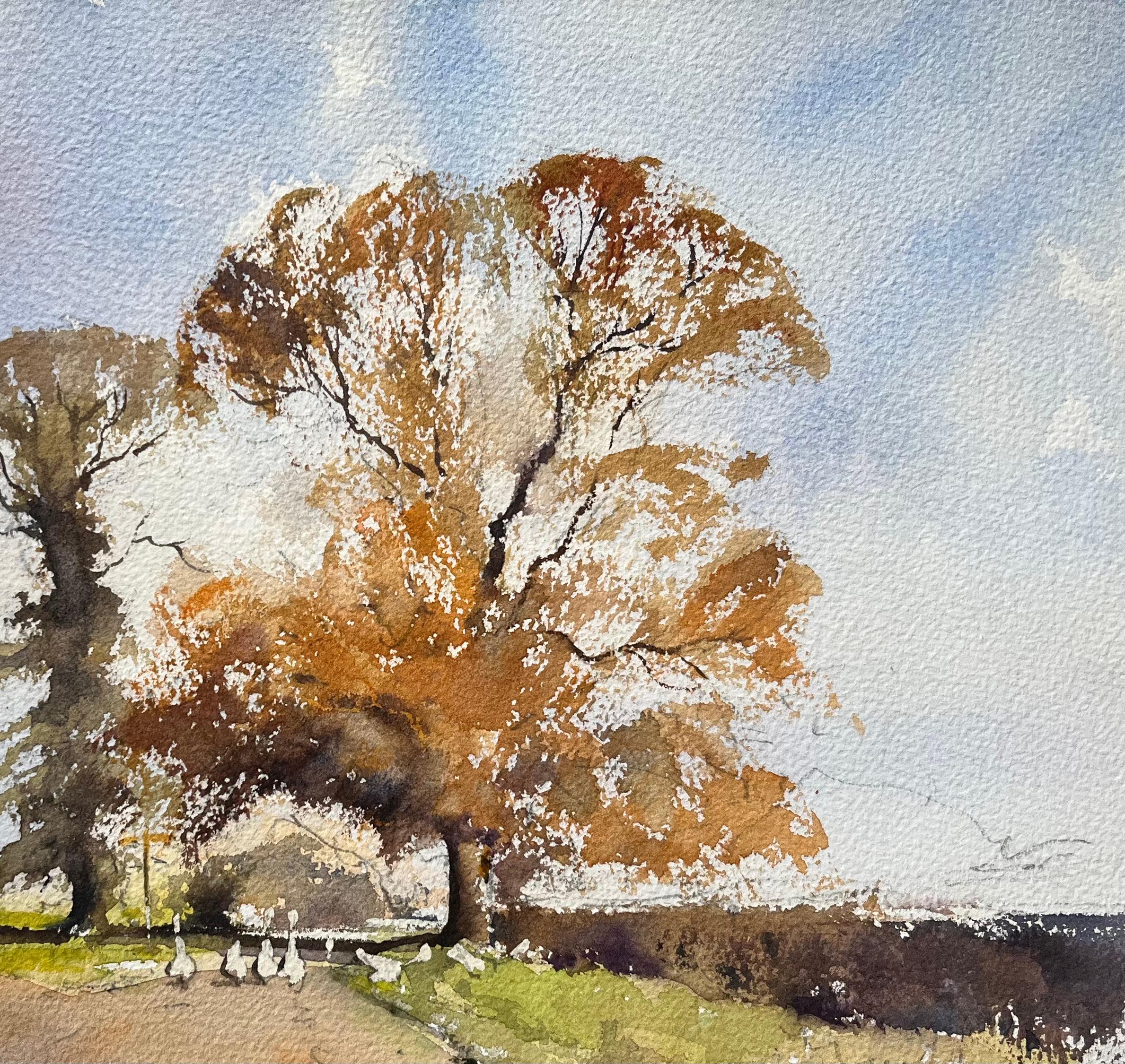 British Impressionist Watercolor of Autumn Trees and Farm Lane with Geese For Sale 1
