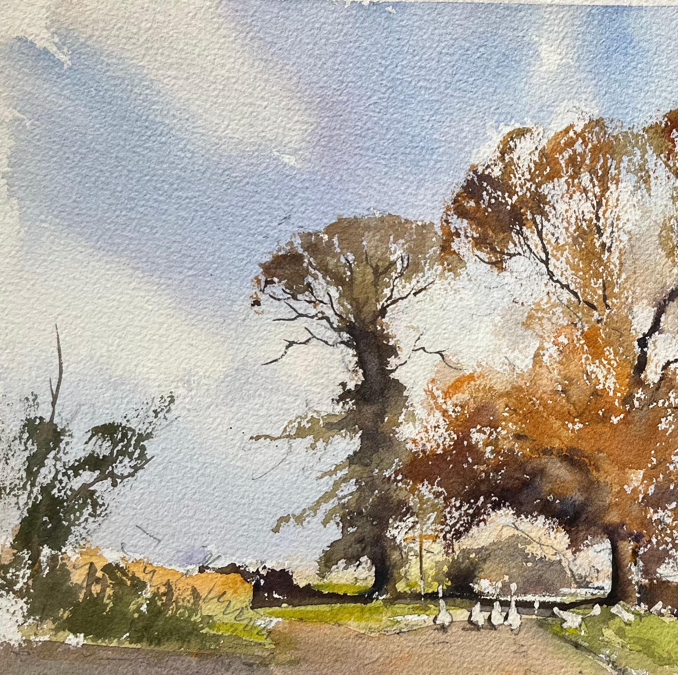 British Impressionist Watercolor of Autumn Trees and Farm Lane with Geese For Sale 2