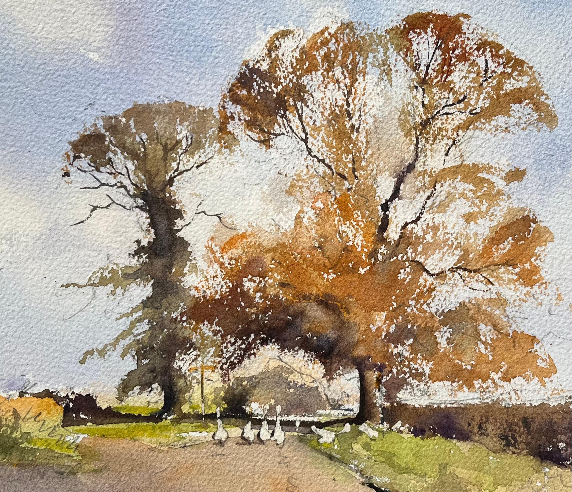 British Impressionist Watercolor of Autumn Trees and Farm Lane with Geese For Sale 3