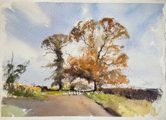 Britischer Impressionist Aquarell von Herbstbäumen und Farm Lane's mit Gänsen