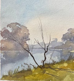 British Impressionist Watercolor of Autumn Trees by a Riverside