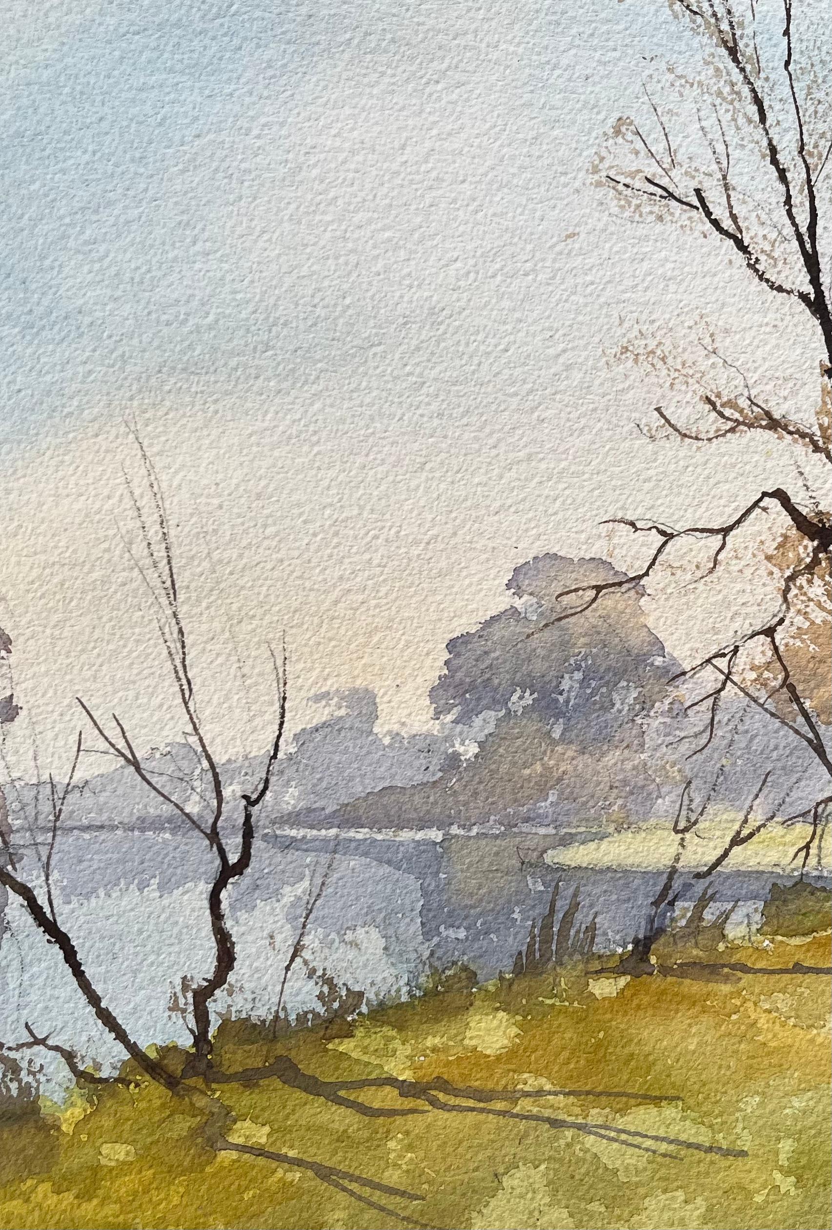 British Impressionist Watercolor of Autumn Trees by a Riverside - Gray Landscape Painting by Anthony Avery