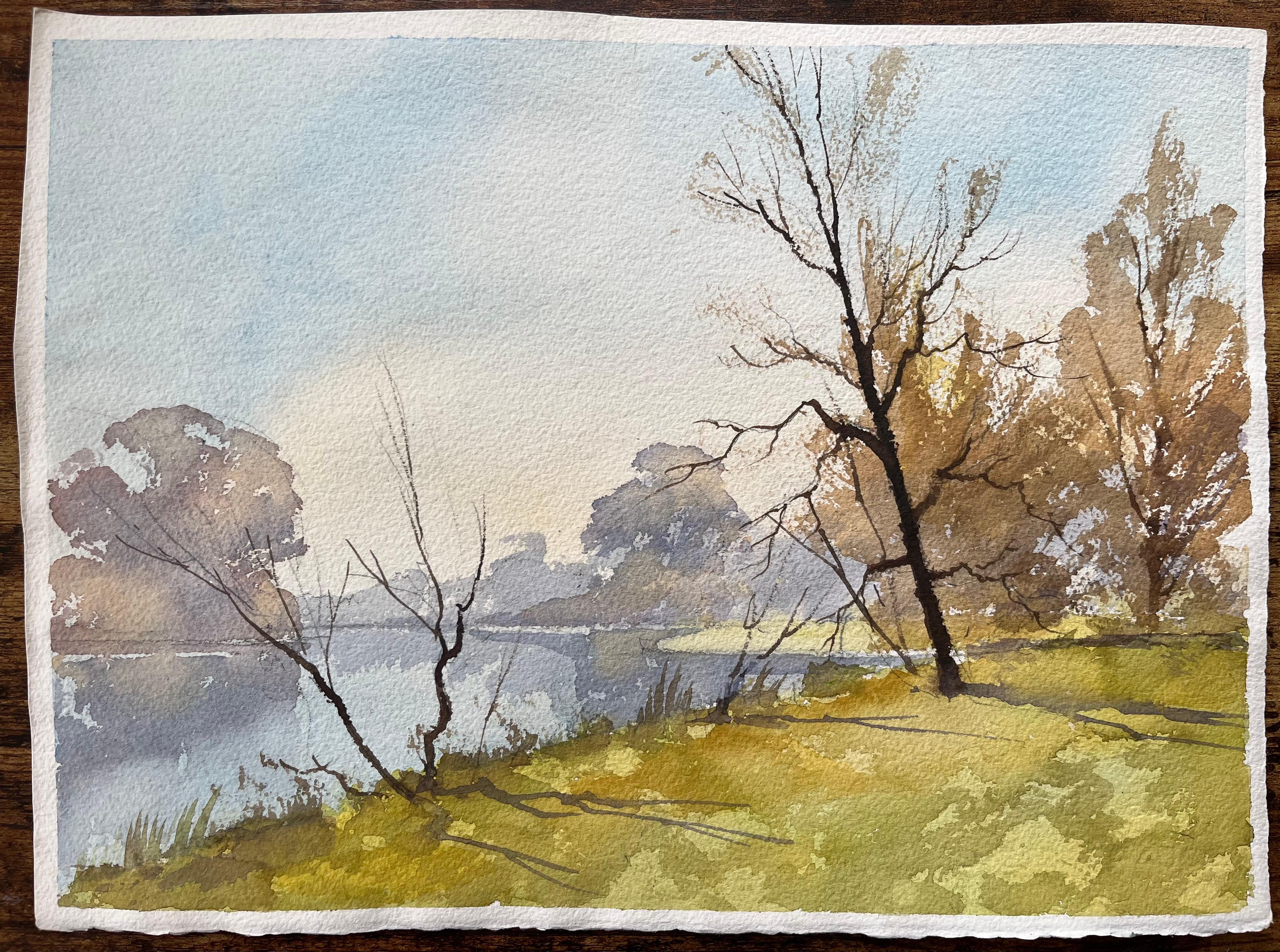 British Impressionist Watercolor of Autumn Trees by a Riverside For Sale 1