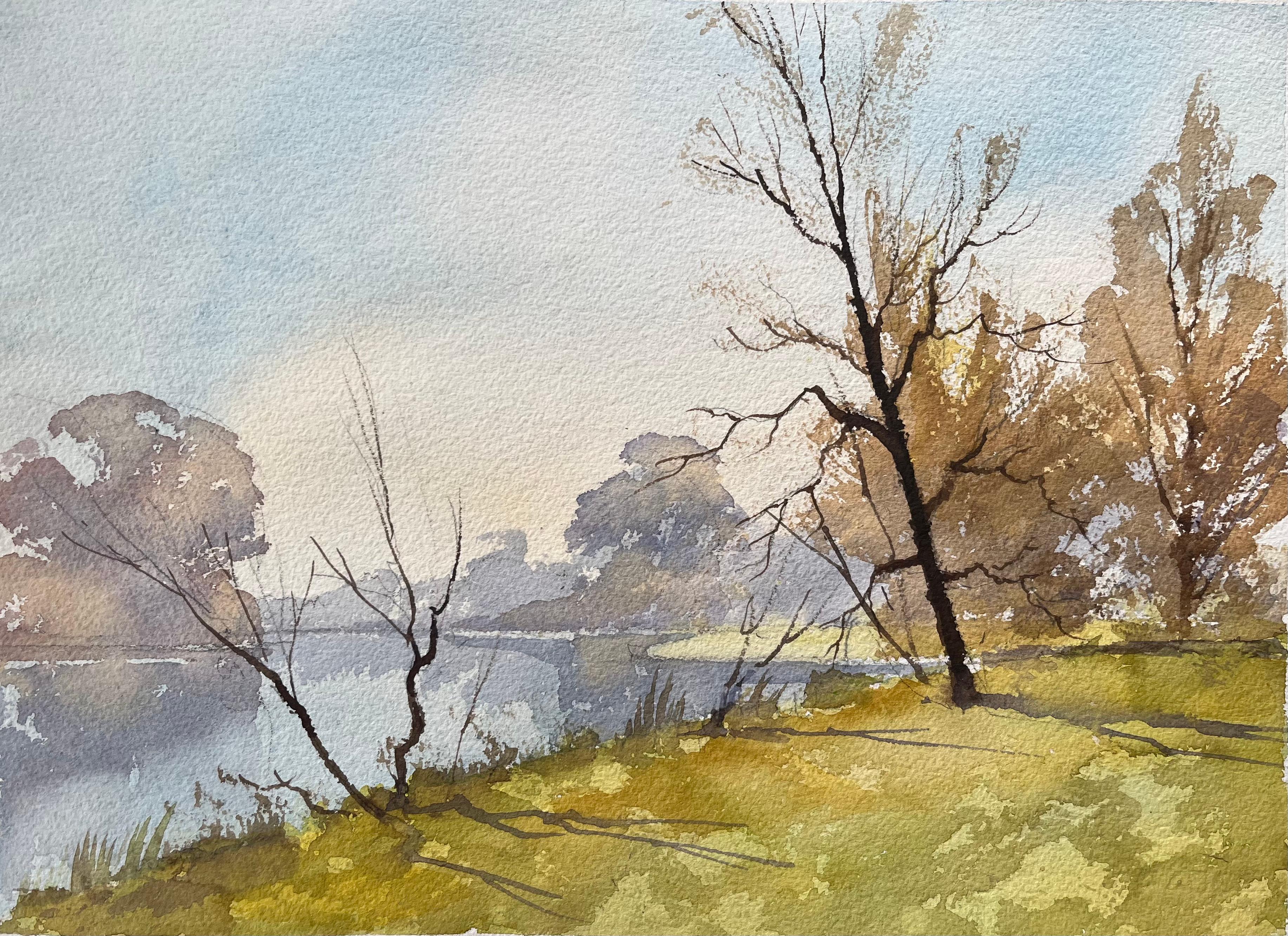 Acquerello impressionista britannico di alberi autunnali lungo un fiume