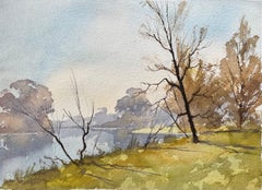 Britisches impressionistisches Aquarell mit Herbstbäumen von einem Flussufer