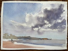 British Impressionist Watercolor of Beach Scene with Dramatic Sky and Walker