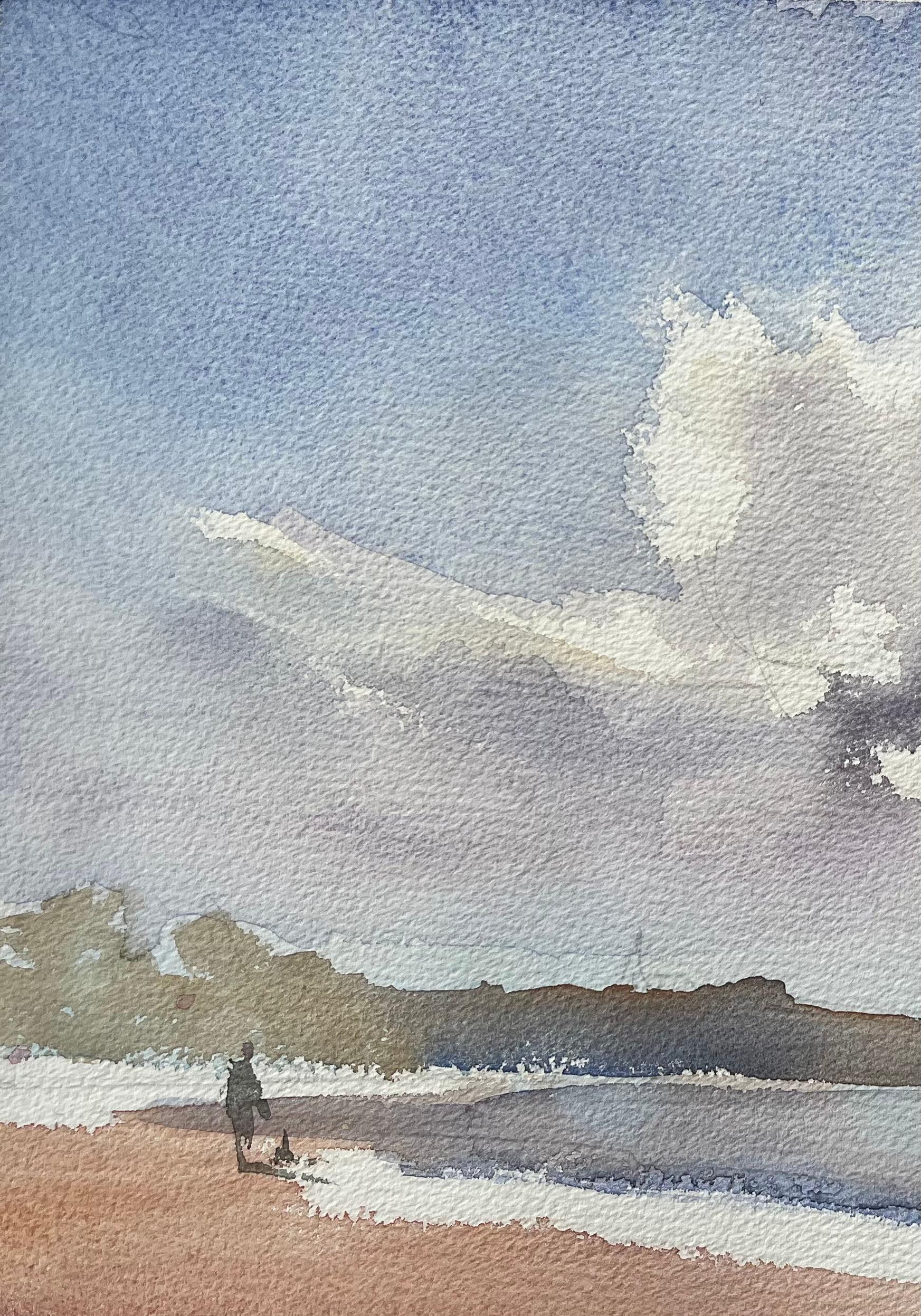 Titel: Britischer Impressionist Aquarell von Strandszene mit dramatischem Himmel und Spaziergänger
von Anthony Avery (Brite 1946-2023)
Original-Aquarell auf Künstlerpapier, ungerahmt
Abmessungen: 11,25 x 15,25 Zoll (Höhe x Breite)
Zustand: Gut, mit