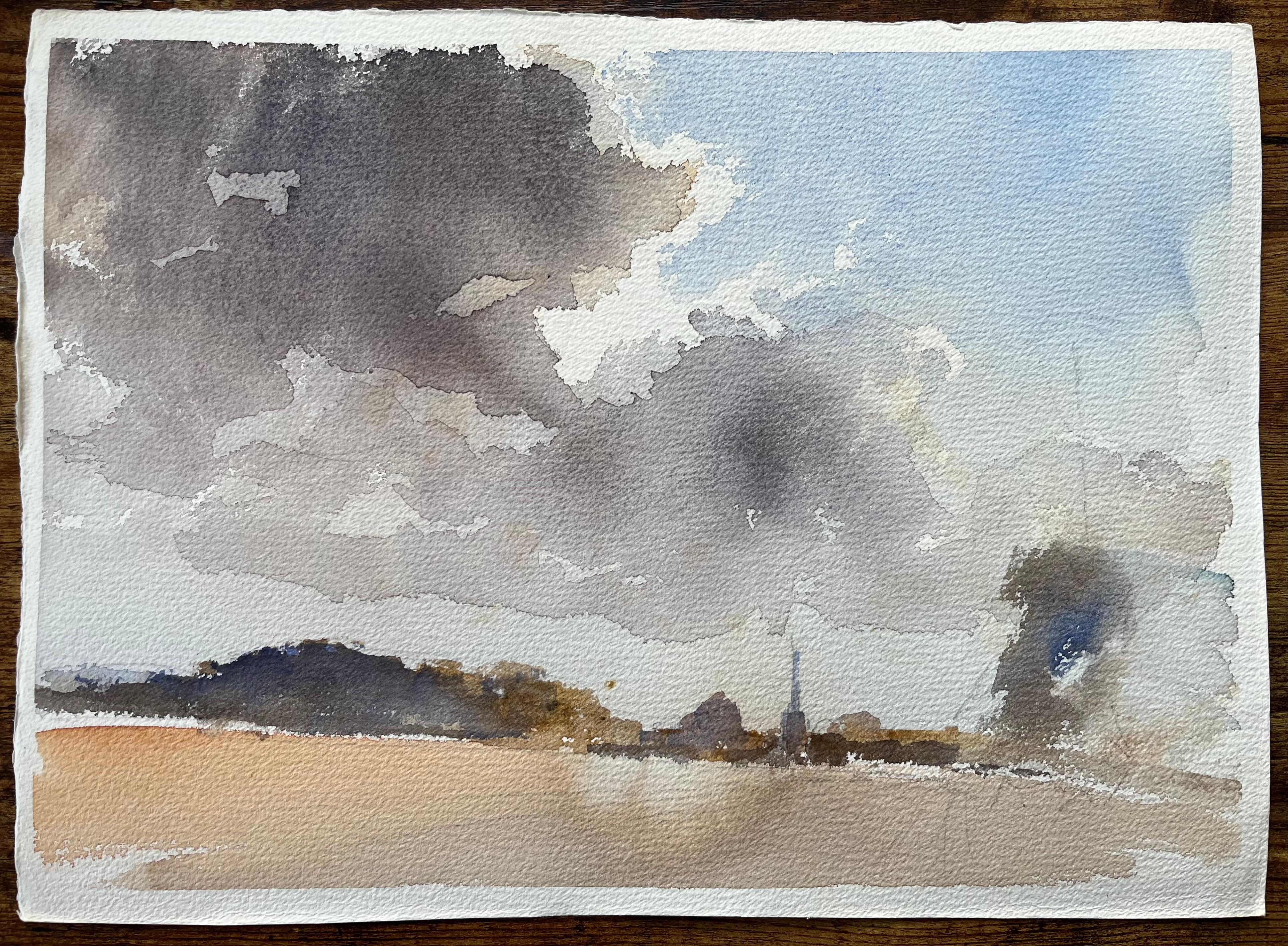 Britisches impressionistisches Aquarell einer Strandszene mit dramatischem Himmel und Walker im Angebot 1