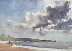 British Impressionist Watercolor of Beach Scene with Dramatic Sky and Walker