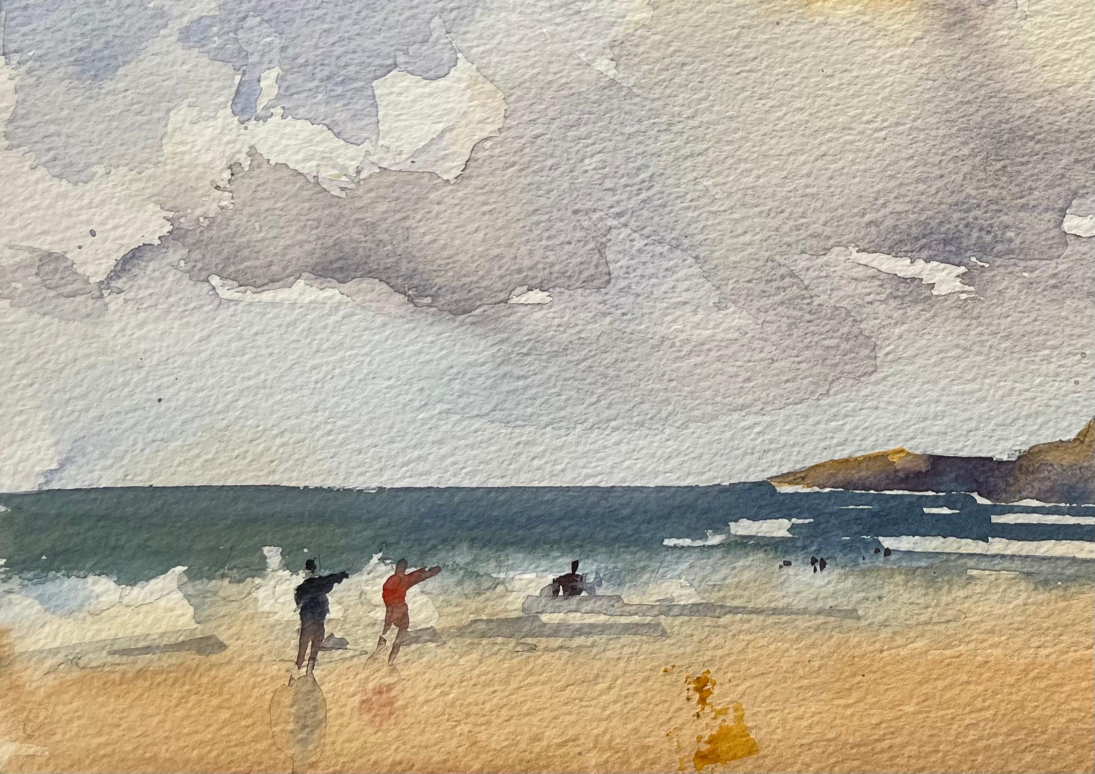 Acuarela Impresionista Británica de Escena de Playa con Figuras Volando Cometas - Painting de Anthony Avery