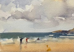 British Impressionist Watercolor of Beach Scene with Figures Flying Kite
