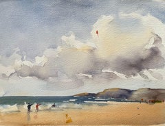 British Impressionist Watercolor of Beach Scene with Figures Flying Kite