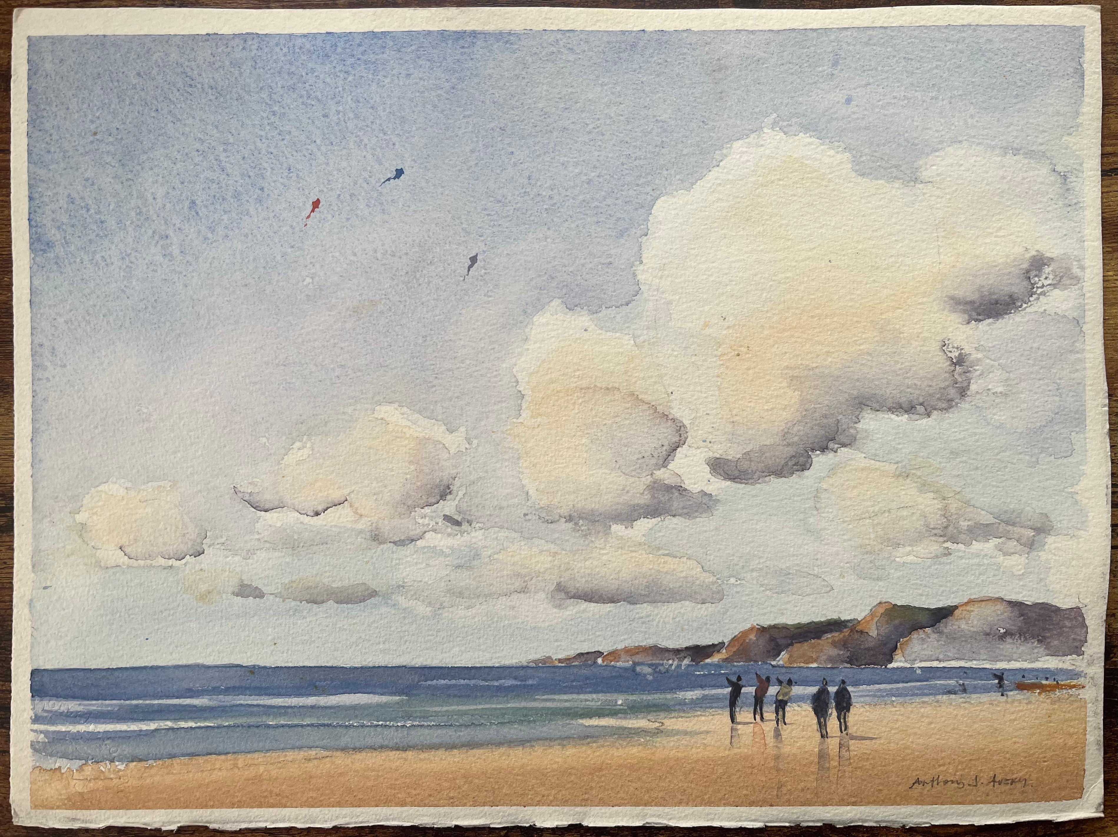 British Impressionist Watercolor of Beachgoers with Kites and Dramatic Clouds - Painting by Anthony Avery