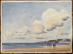 British Impressionist Watercolor of Beachgoers with Kites and Dramatic Clouds