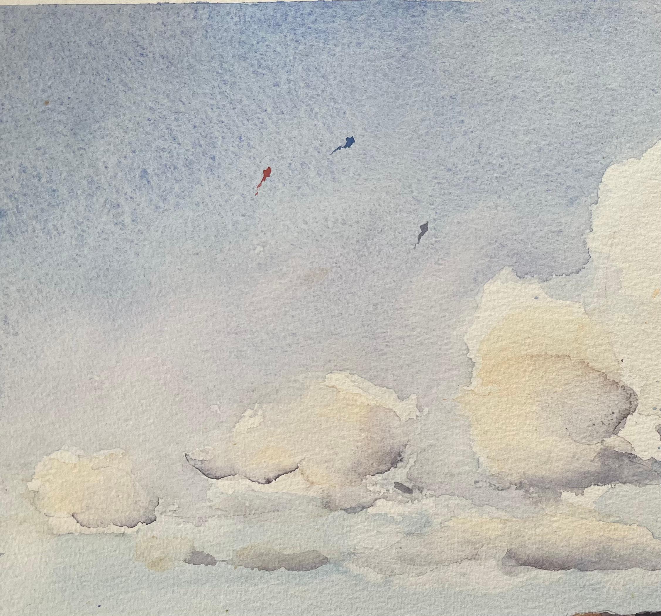 British Impressionist Watercolor of Beachgoers with Kites and Dramatic Clouds For Sale 1