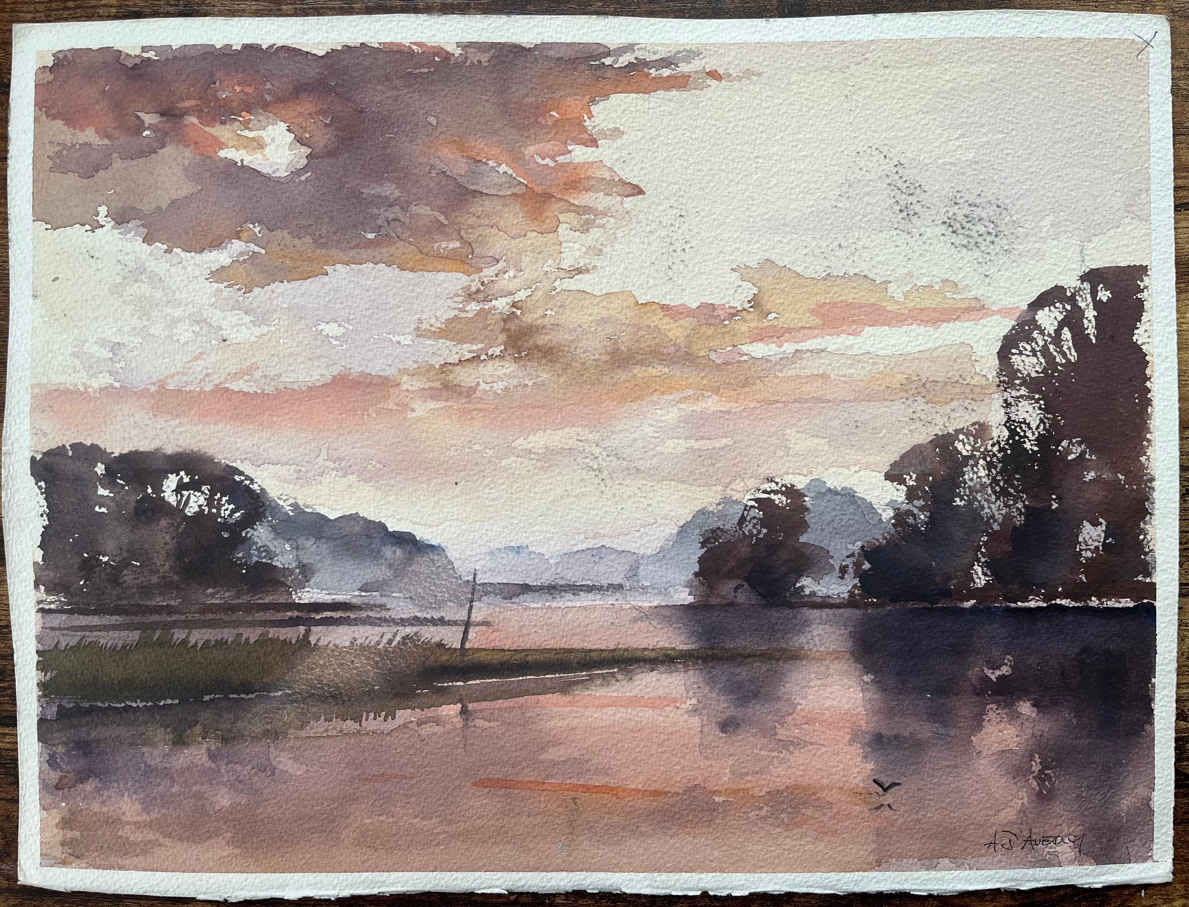 British Impressionist Watercolor of Beachgoers with Kites and Dramatic Clouds For Sale 2