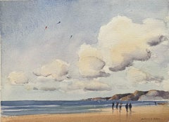 Britischer Impressionist Aquarell von Strandbesuchern mit Drachen und dramatischen Wolken
