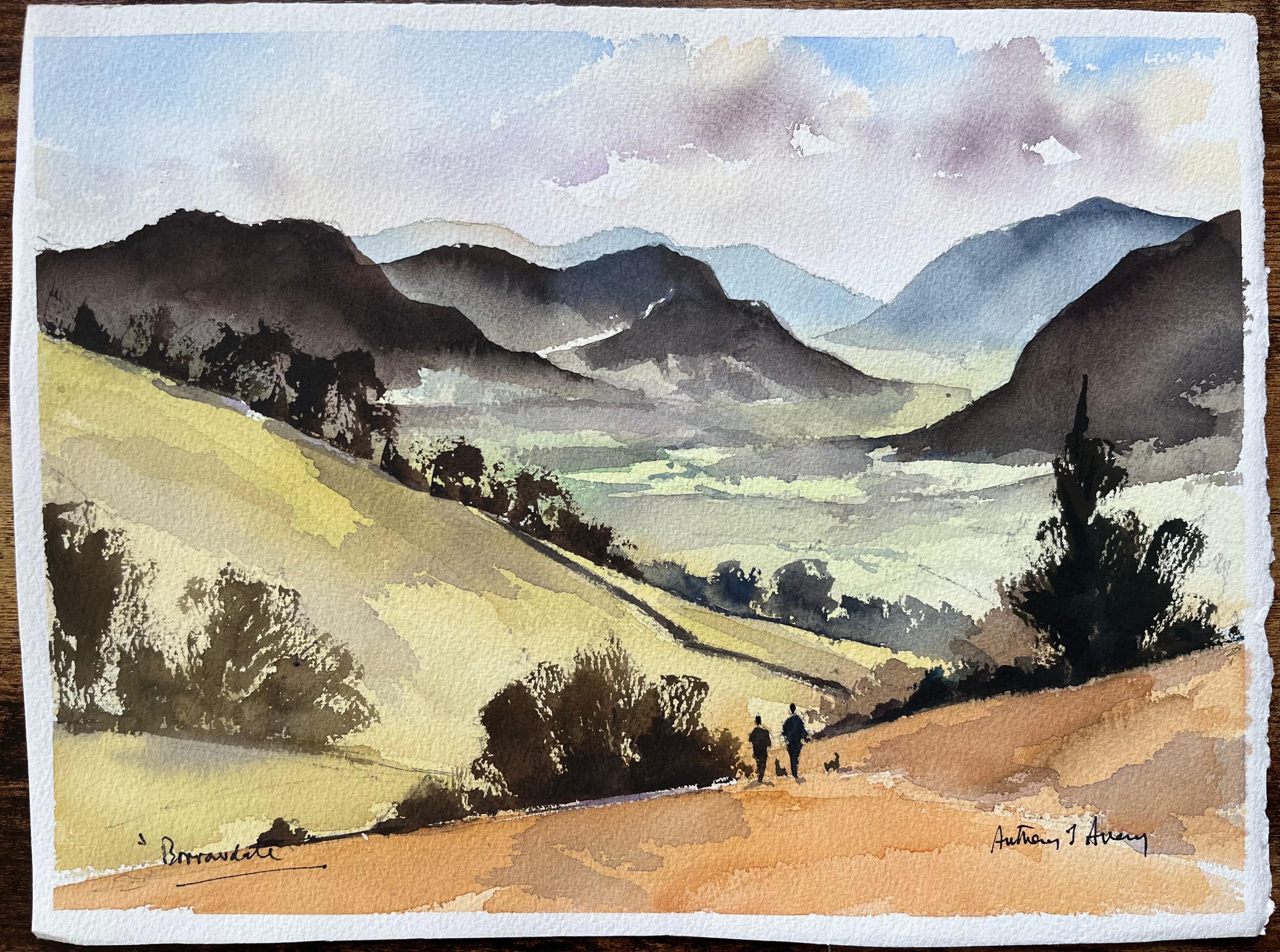 Acquerello impressionista britannico della Valle di Borrowdale nel Lake District - Painting di Anthony Avery