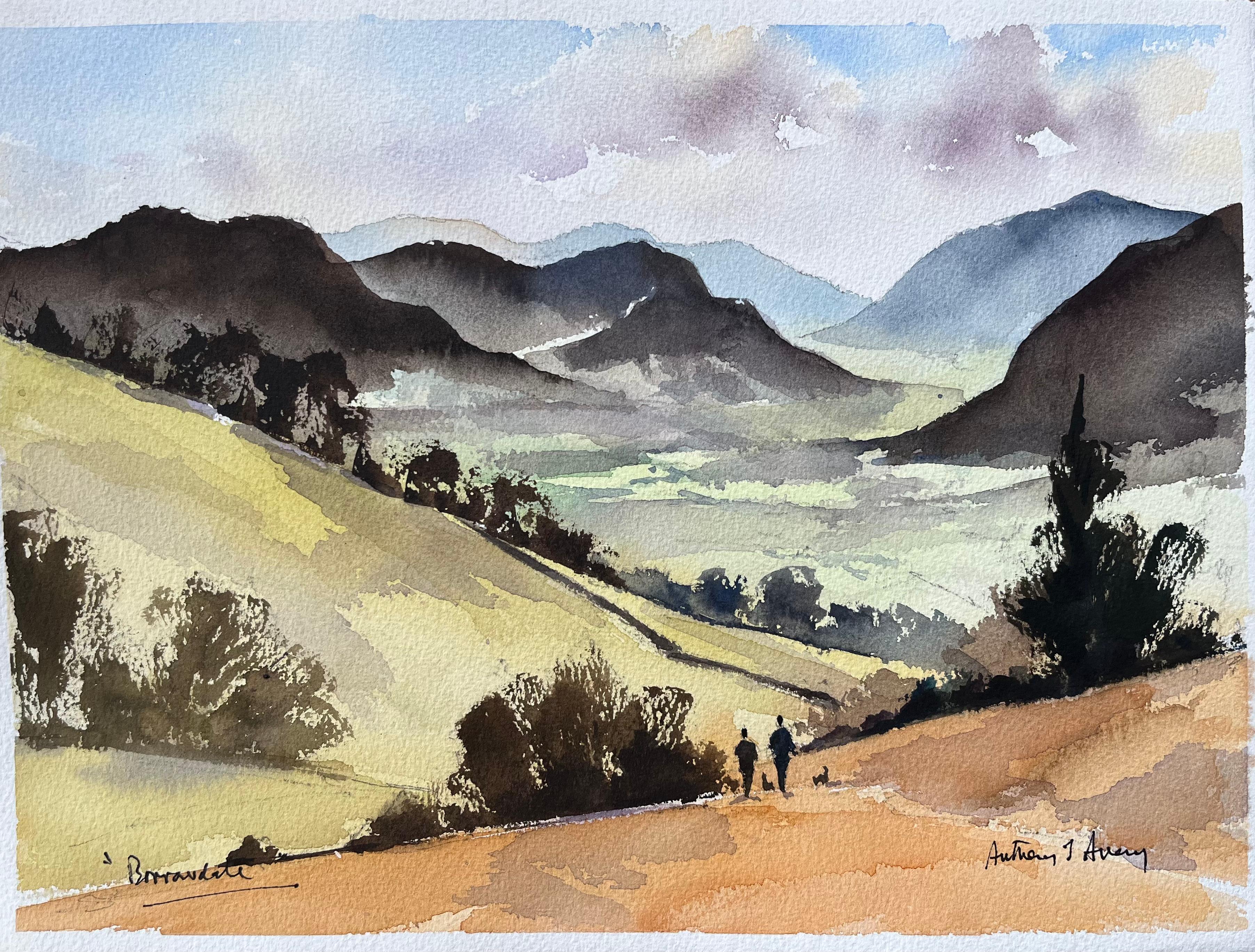 Landscape Painting di Anthony Avery - Acquerello impressionista britannico della Valle di Borrowdale nel Lake District