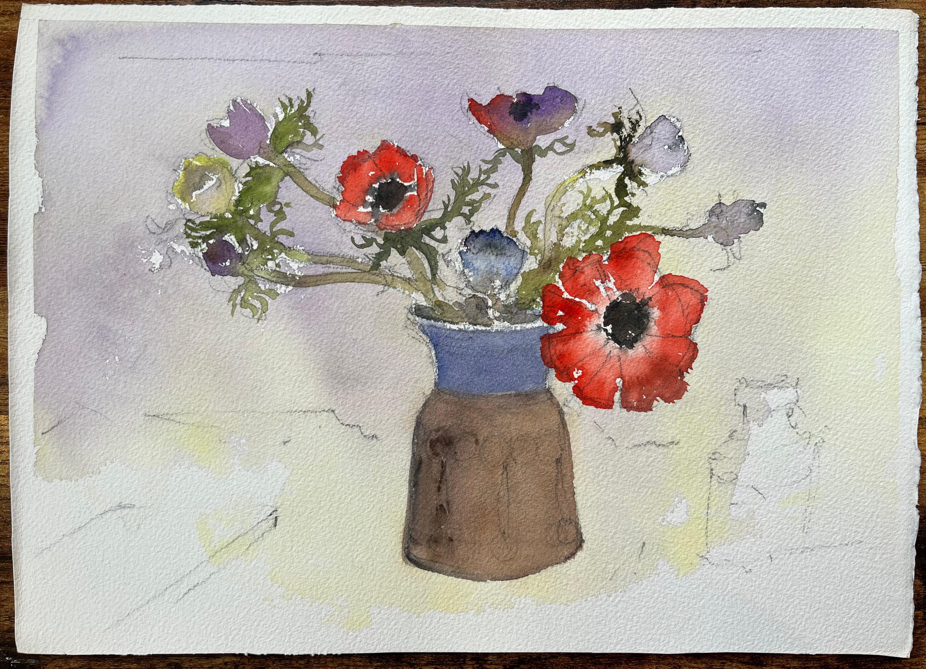 British Impressionist Watercolor of Bouquet of Anemones in a Vase - Painting by Anthony Avery