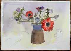 British Impressionist Watercolor of Bouquet of Anemones in a Vase