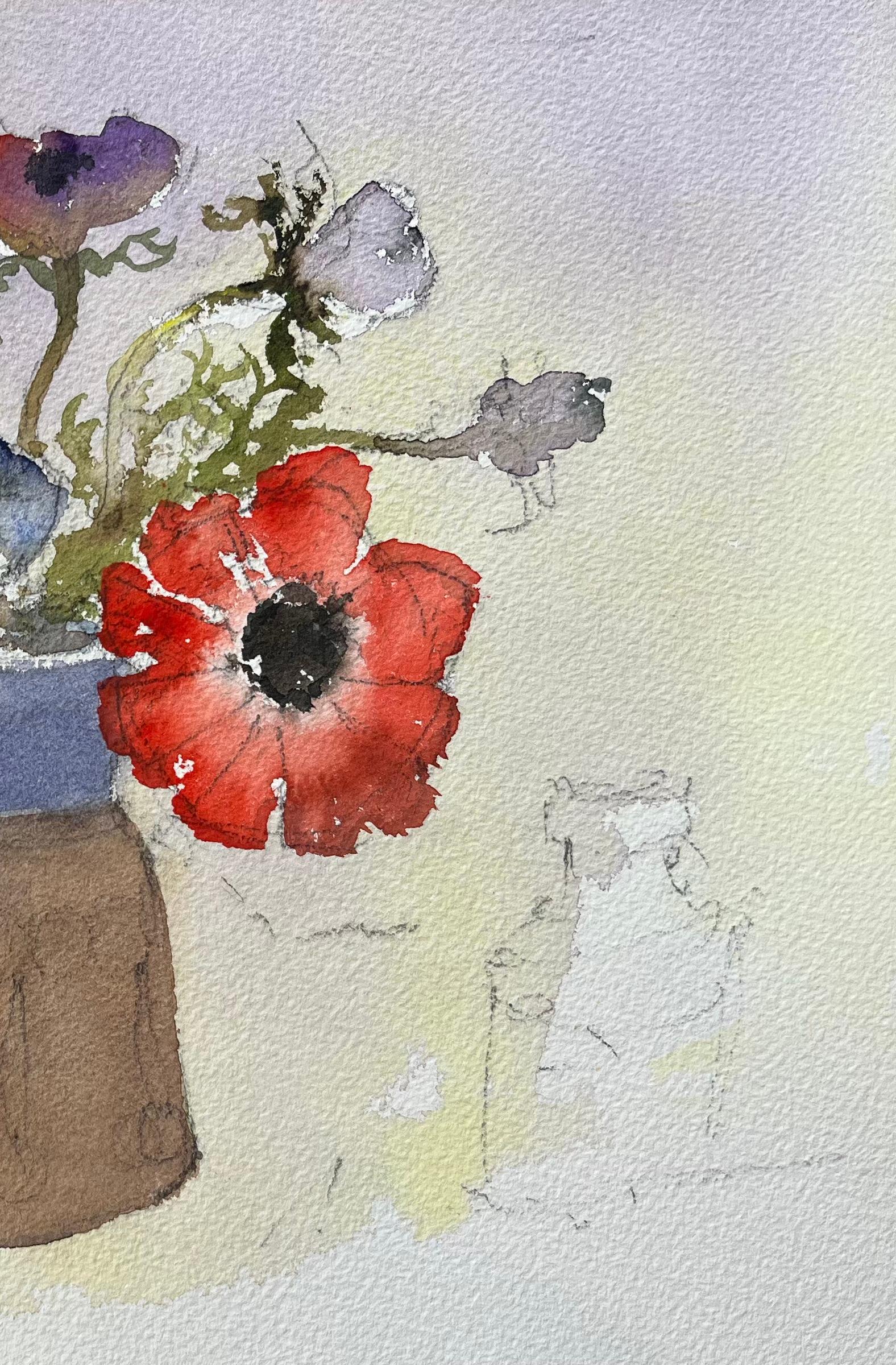 British Impressionist Watercolor of Bouquet of Anemones in a Vase - Gray Landscape Painting by Anthony Avery