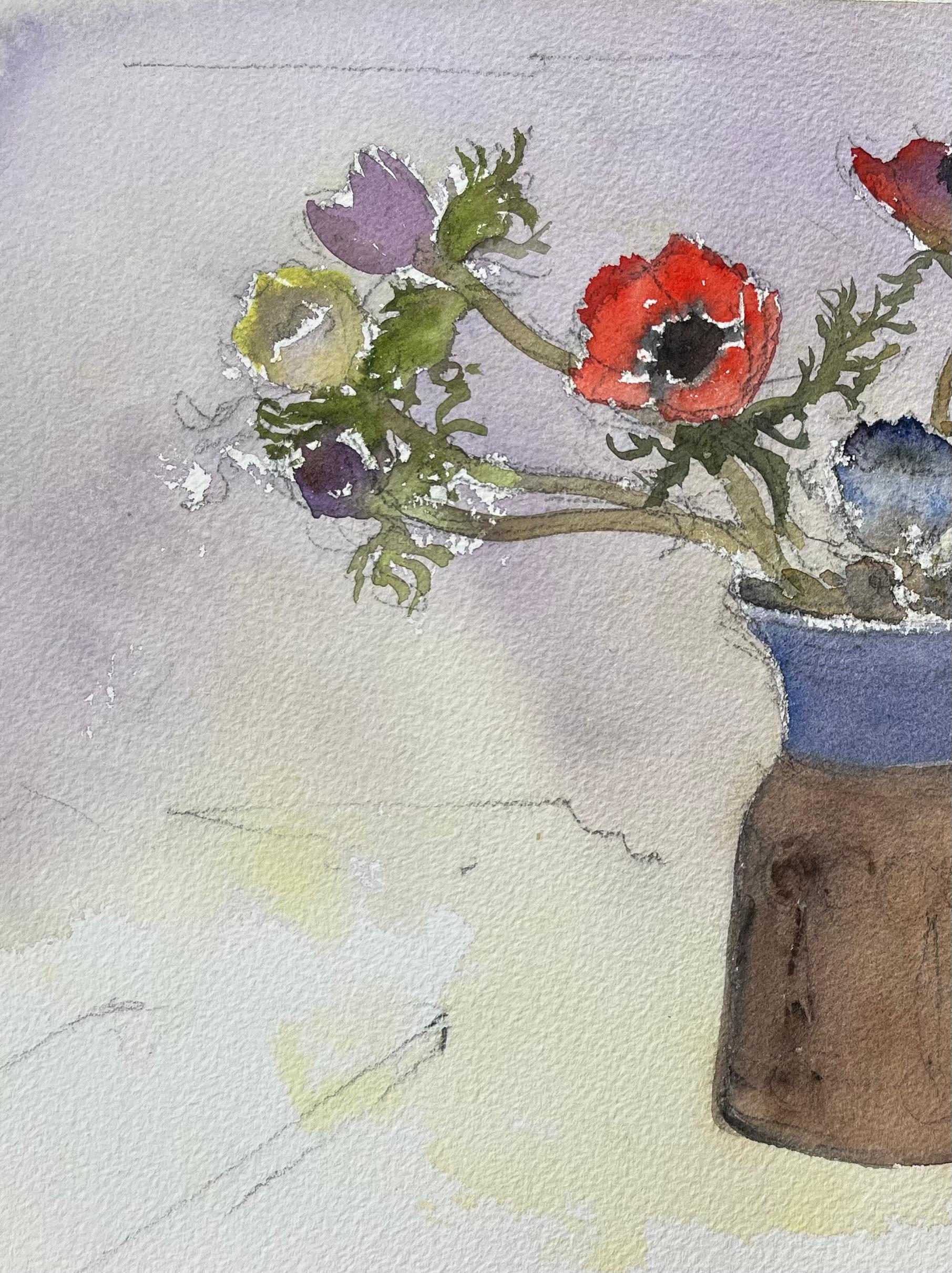 British Impressionist Watercolor of Bouquet of Anemones in a Vase For Sale 1