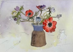 Britischer Impressionist Aquarell von Blumenstrauß von Anemonen in einer Vase