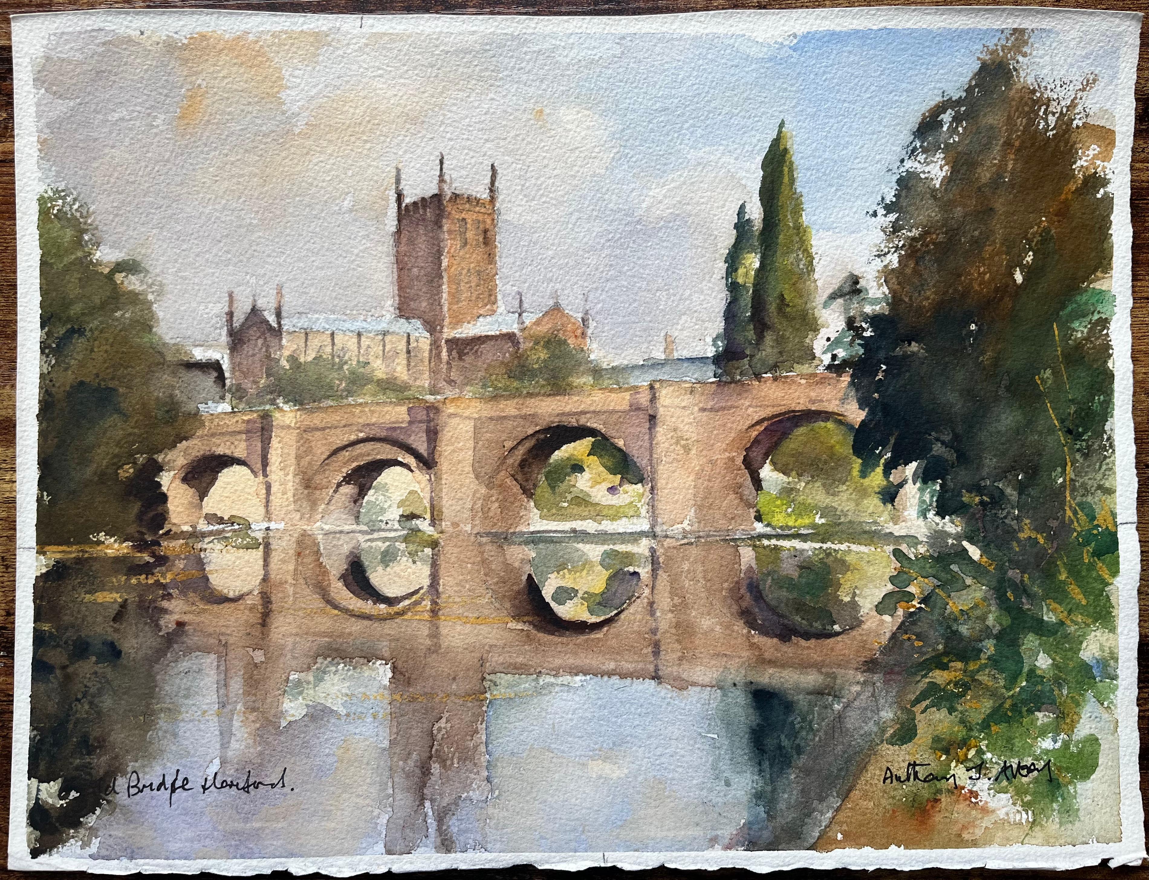 Acuarela Impresionista Británica de Puente en Hereford con Catedral - Painting de Anthony Avery