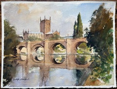 Acquerello impressionista britannico di Ponte a Hereford con Cattedrale