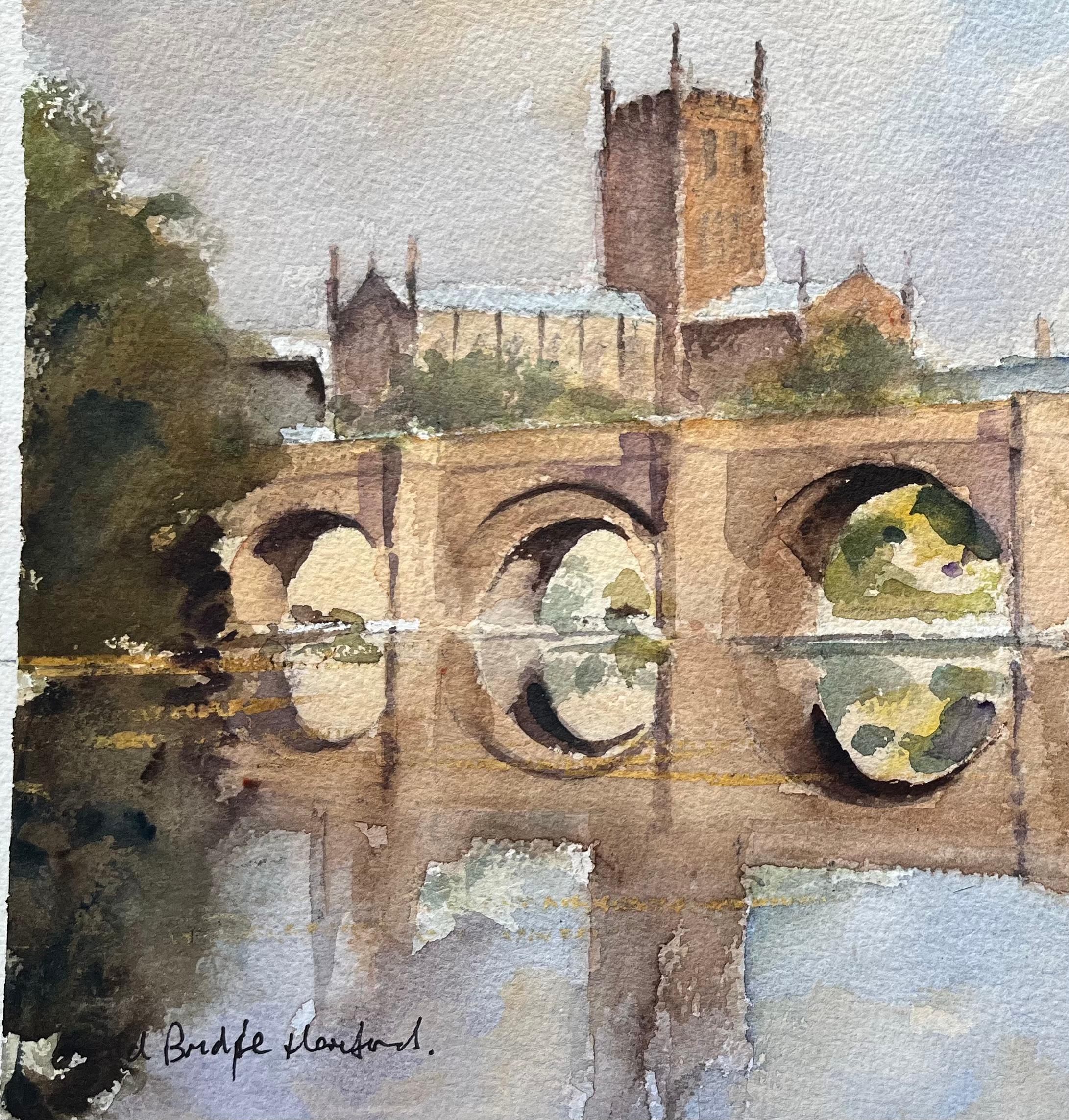 Acuarela Impresionista Británica de Puente en Hereford con Catedral en venta 1