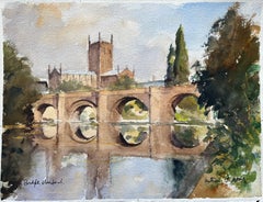 British Impressionist Watercolor of Bridge at Hereford with Cathedral