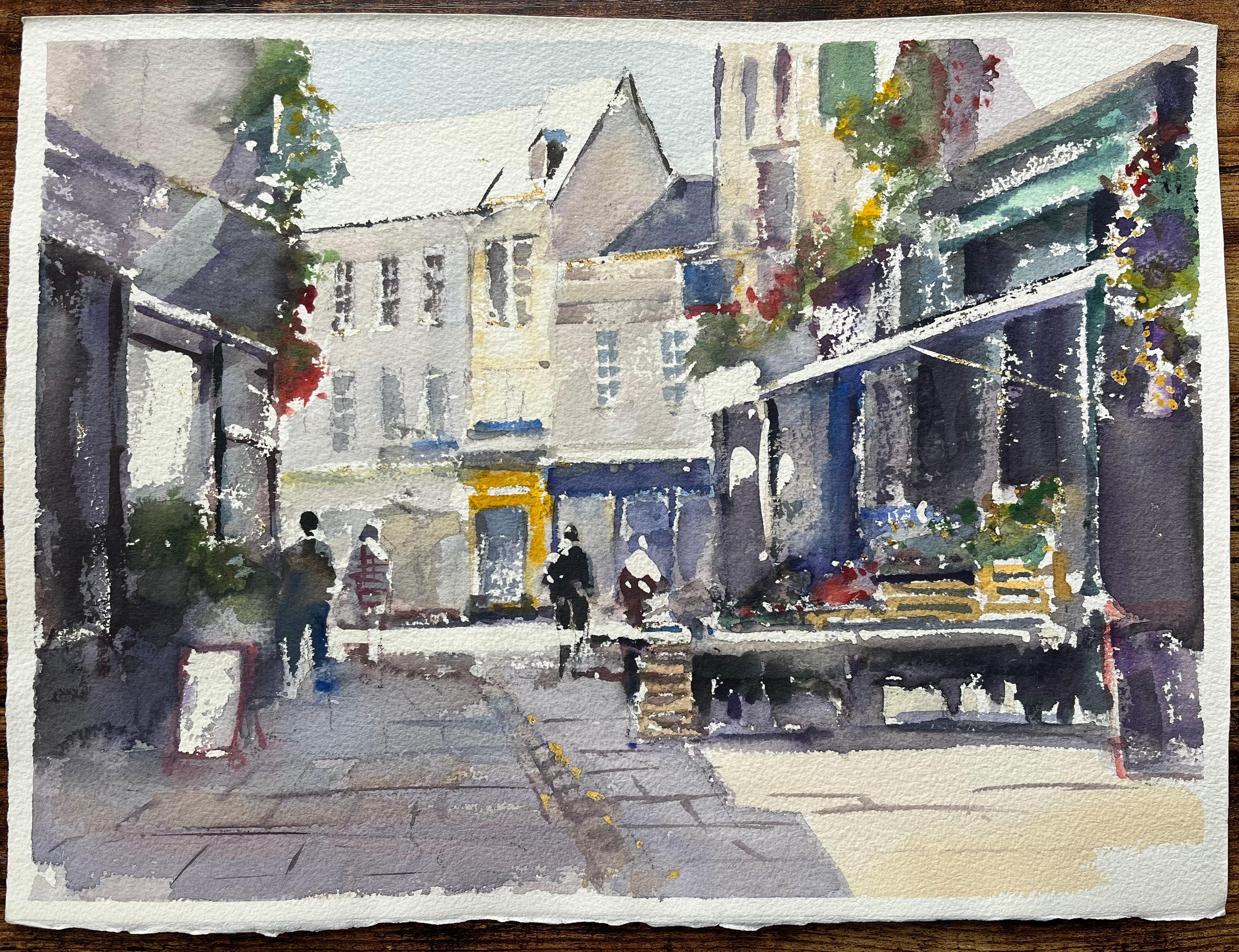 Acquerello impressionista britannico di una vivace strada del mercato con bancarelle di fiori - Painting di Anthony Avery