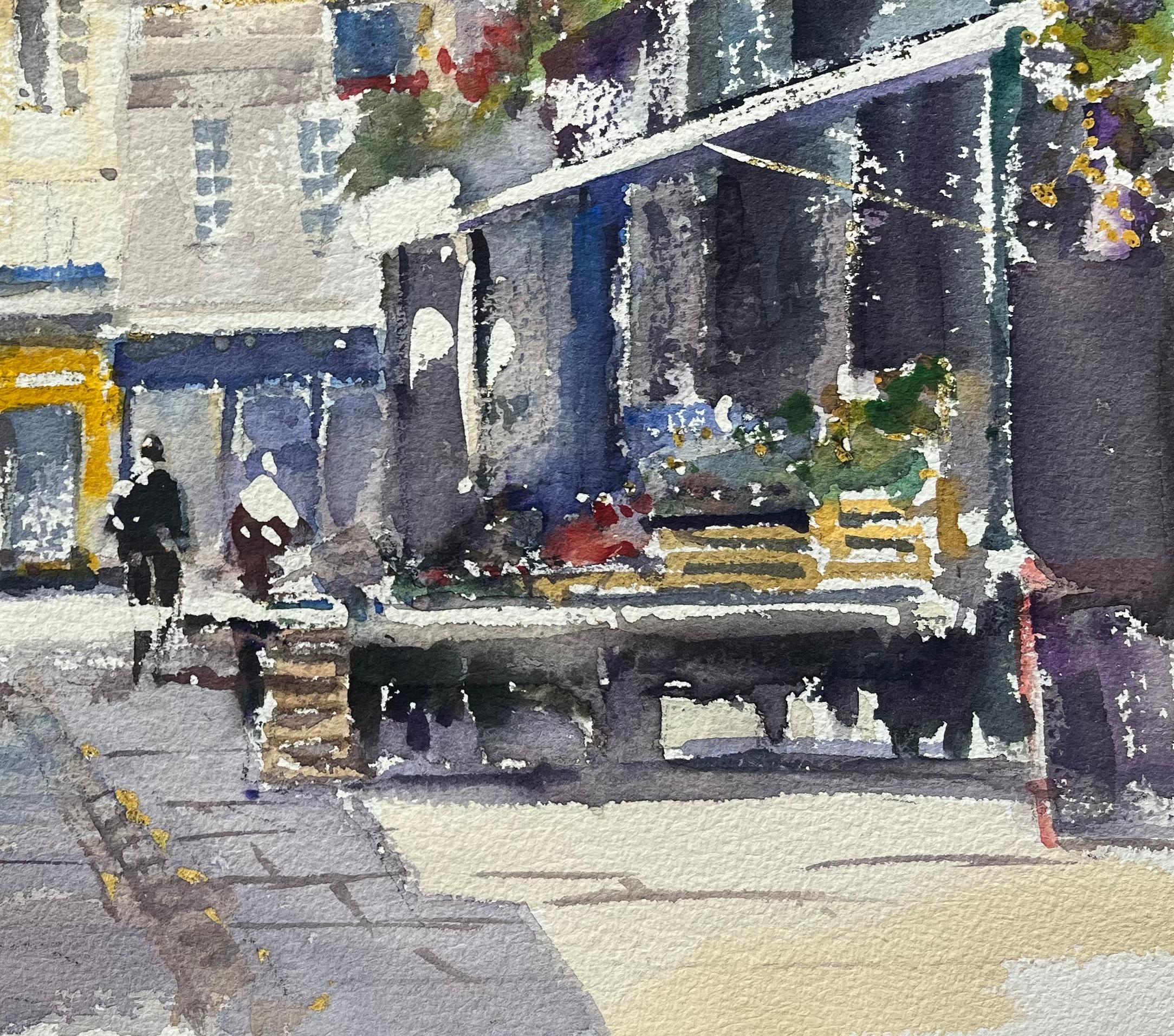Acquerello impressionista britannico di una vivace strada del mercato con bancarelle di fiori - Painting Impressionismo di Anthony Avery