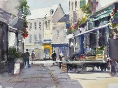 British Impressionist Watercolor of Bustling Market Street with Flower Stalls