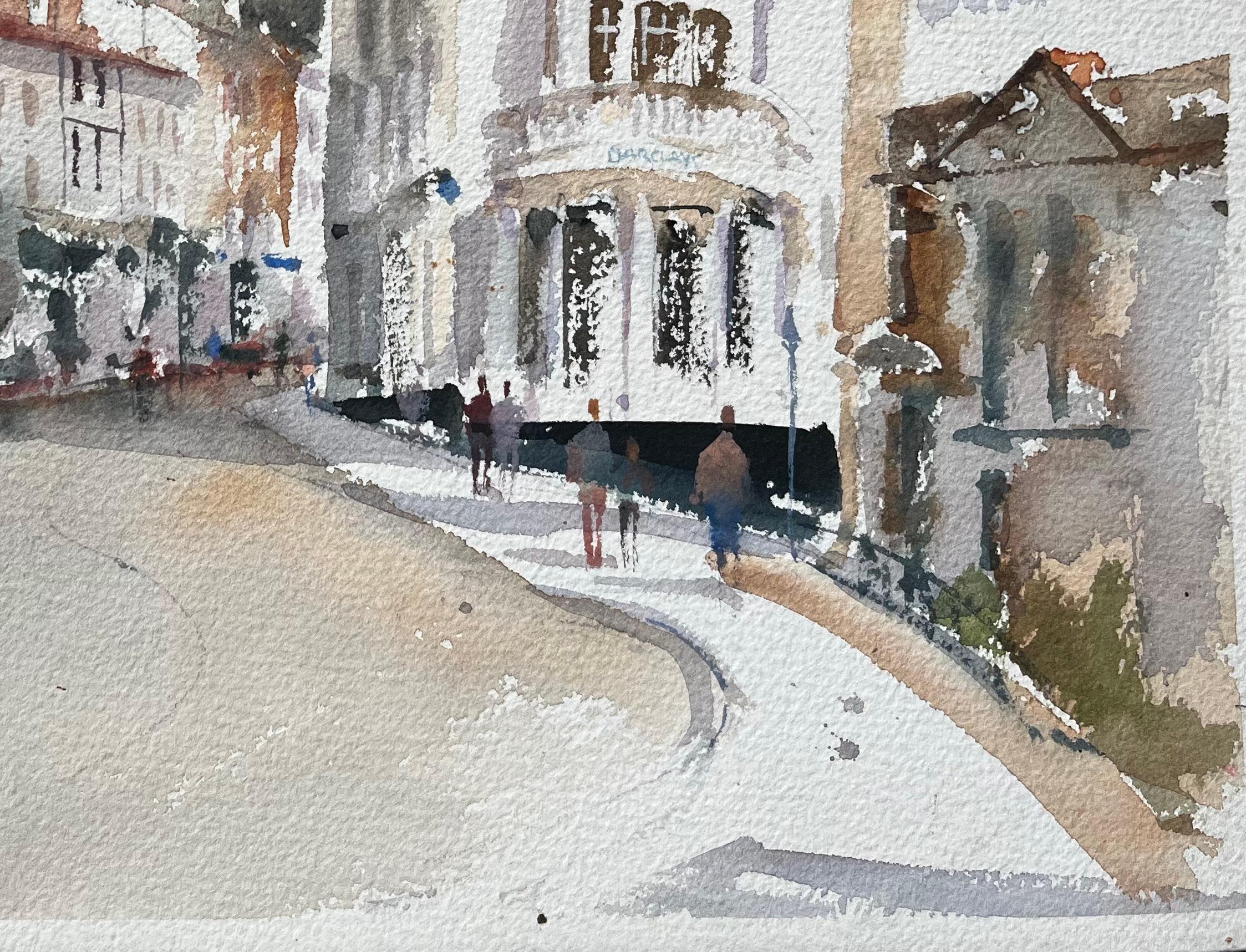 Título: Acuarela impresionista británica de bulliciosa calle urbana con campanario
Por Anthony Avery (británico 1946-2023)
Acuarela original sobre papel de artista, sin enmarcar
Dimensiones: 11 x 15,25 pulgadas (Alto x Ancho)
Estado: Bueno, con