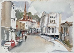 Aquarelle impressionniste britannique de Bustling Town Street avec Steeple