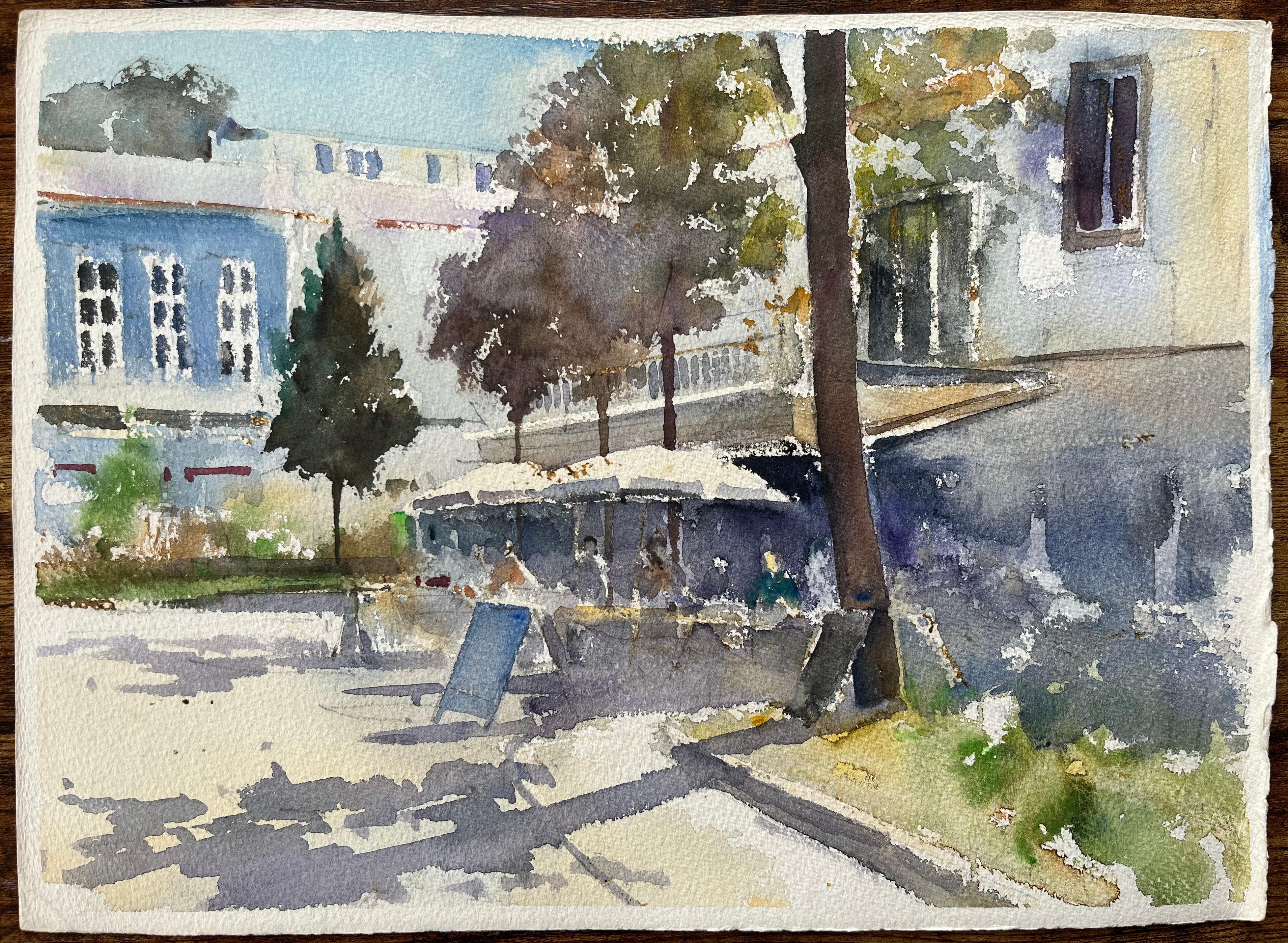 Aquarelle impressionniste britannique représentant un café animé à l'ombre d'une place ensoleillée - Impressionnisme Painting par Anthony Avery